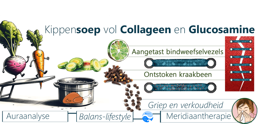 Kippensoep, darmimmuniteit, kraakbeen, verkoudheid, peniciline, kippenbouillon, polier, amino-suiker, bouwsteen, eiwitbouwsteen, gewrichtsvloeistof, glucosamine, verouderingsproces, artrose, kraakbeendikte, collagenen, triggerpointpijnsignalen, kippensoepbereiding